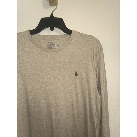 Polo Ralph Lauren Mens Cotton Long Sleeve Shirt Tee M Medium Heather Light Beige - Picture 3 of 5